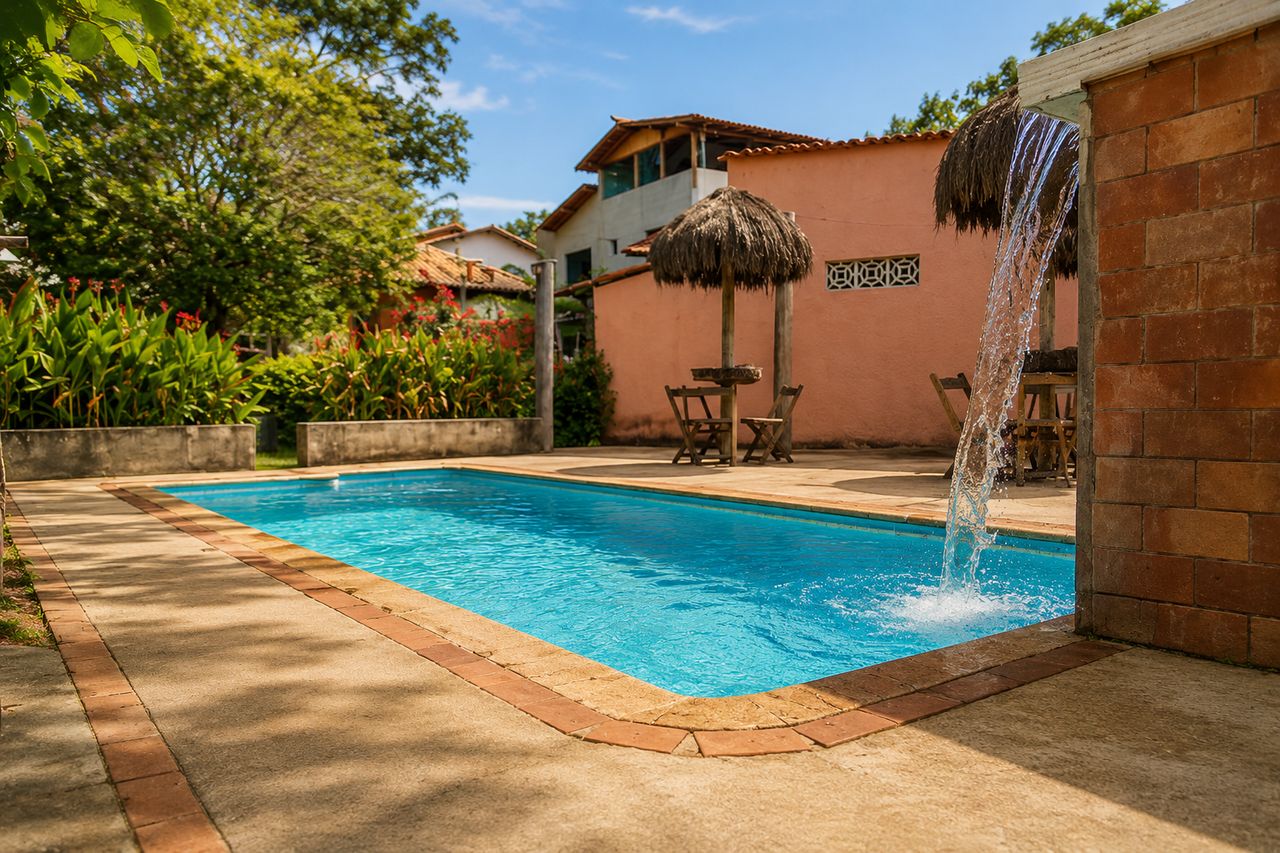 Piscina externa com deck e área de descanso